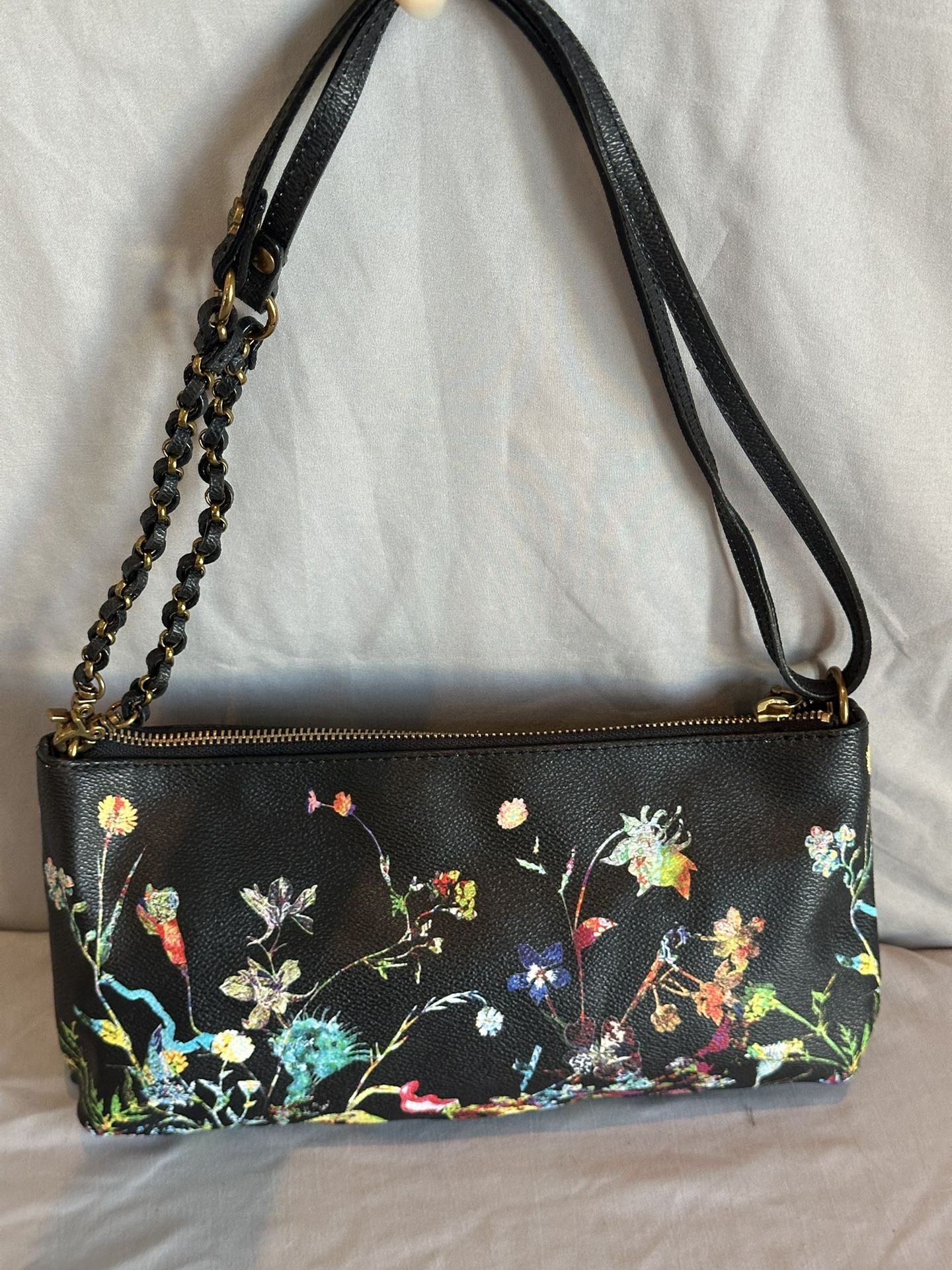 Elliott Lucca Black Floral Handbag Multi Color Polyvinyl with Leather