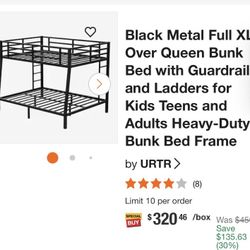 Black Metal Full XL Over Queen Bunk Bed with Guardrails and Ladders for Kids Teens and Adults Heavy-Duty Bunk Bed Frame