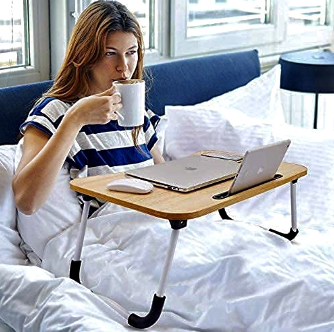 *NEW* Oak Laptop Desk, Wheanen Portable Laptop Bed Tray Table Notebook Stand Reading Holder with Foldable Legs & Cup Slot for Eating Breakfast, Readin