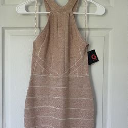 New With Tags G By Guess Rose Gold Pink Elianna Bandage Bodycon Mini Dress Size Small