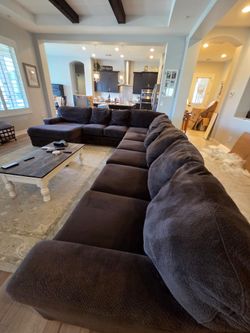 Large Dark Brown Fabric Sectional Sofa with chaise