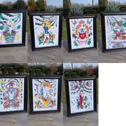 Set of 7 Framed Valentino Villa "The Jinx" 2007 Tattoo Flash Art 14x17"