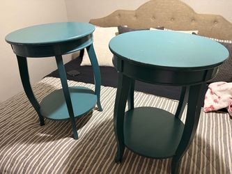 Pair of Teal Round Side Tables with Lower Shelf