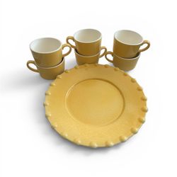 6 Mustard Yellow Coffee Cups + Matching Accent Plate – Retro Style