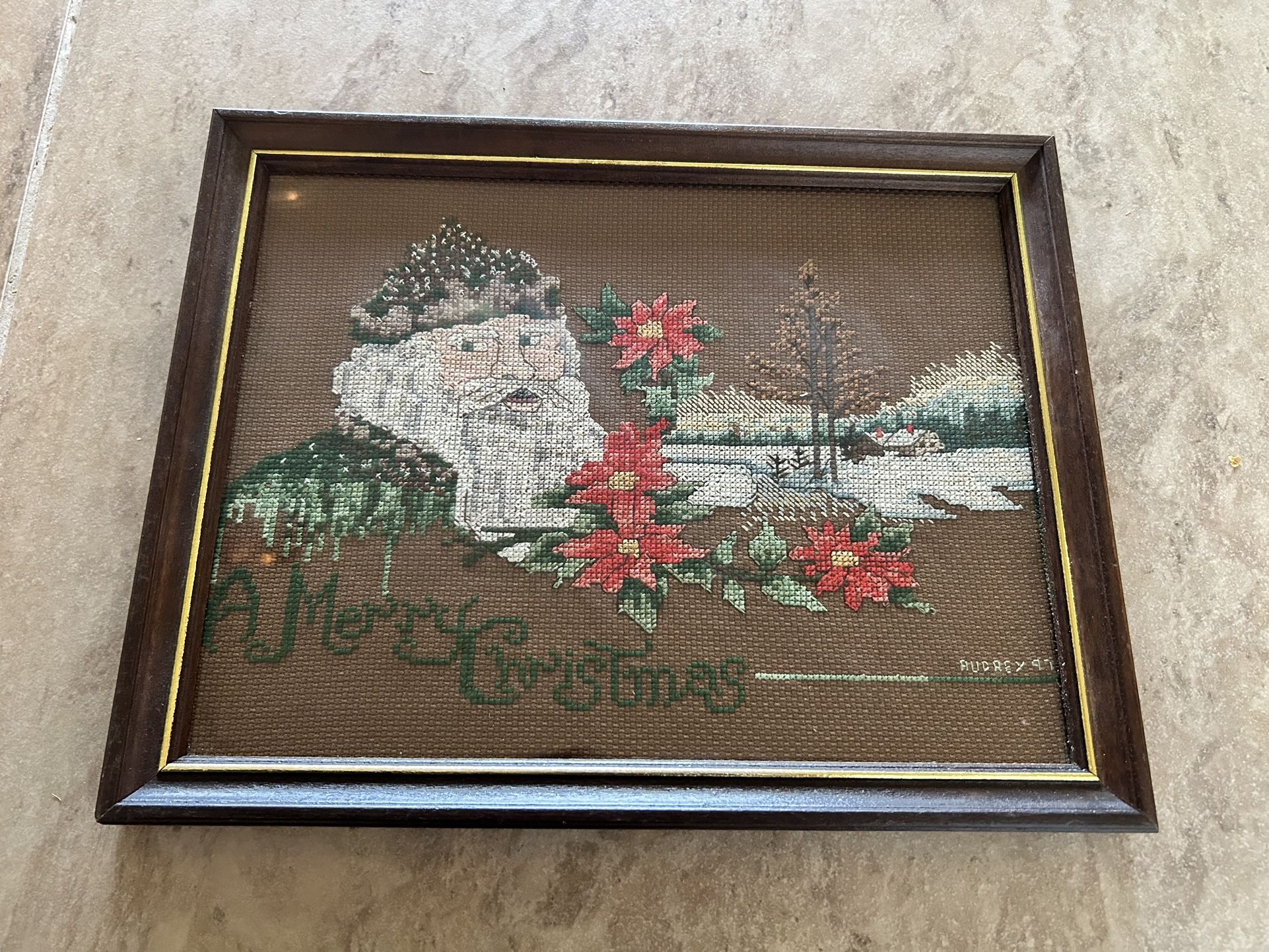 Vintage Framed 9” x 12” St Nick. White Christmas CrossStitch w/Poinsettias