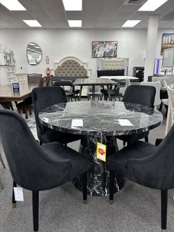 Contemporary design rich black round marble look dining table/dining set
