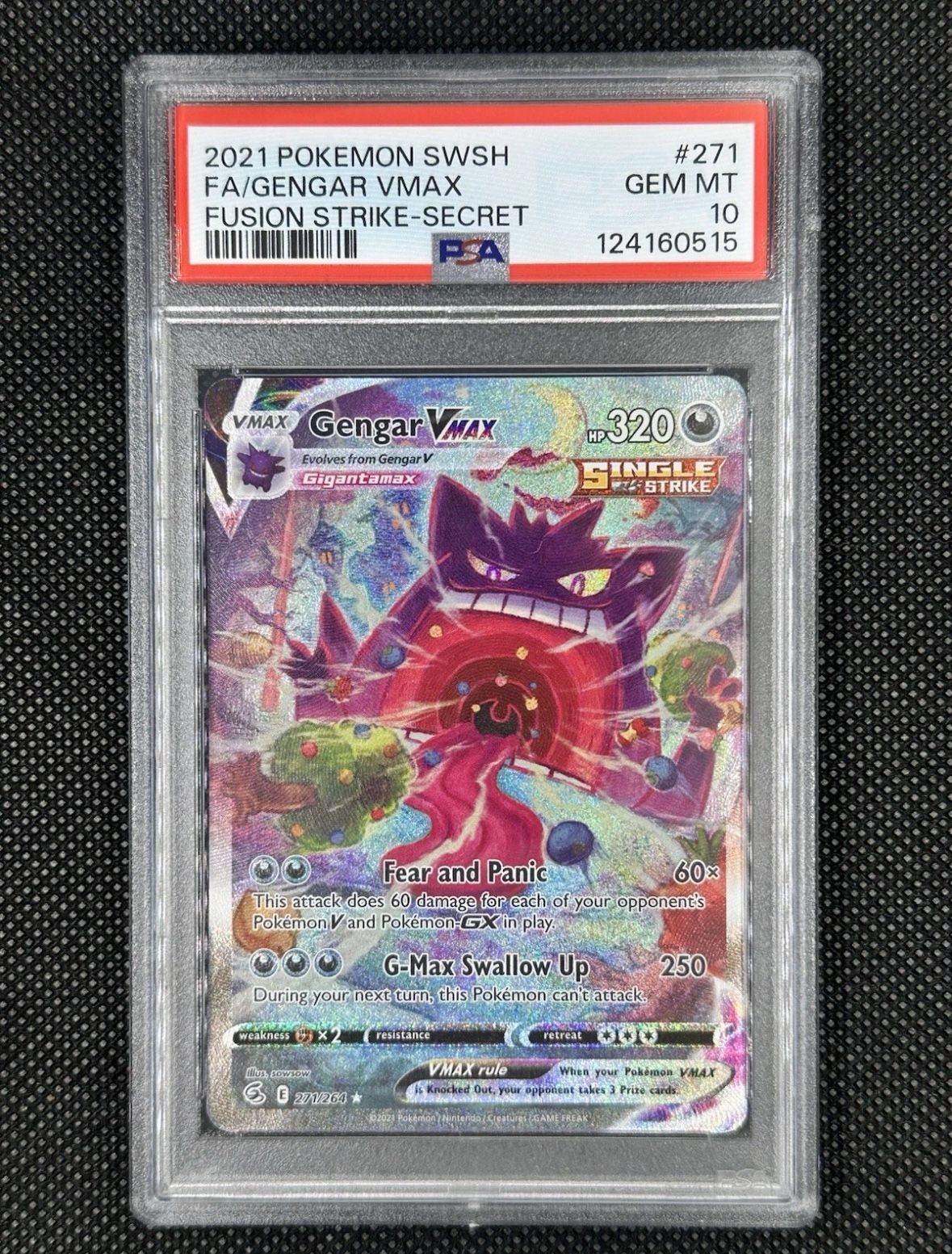 Pokemon 2021 Gengar VMAX 271/264 Alt Art Fusion Strike GEM MINT PSA 10
