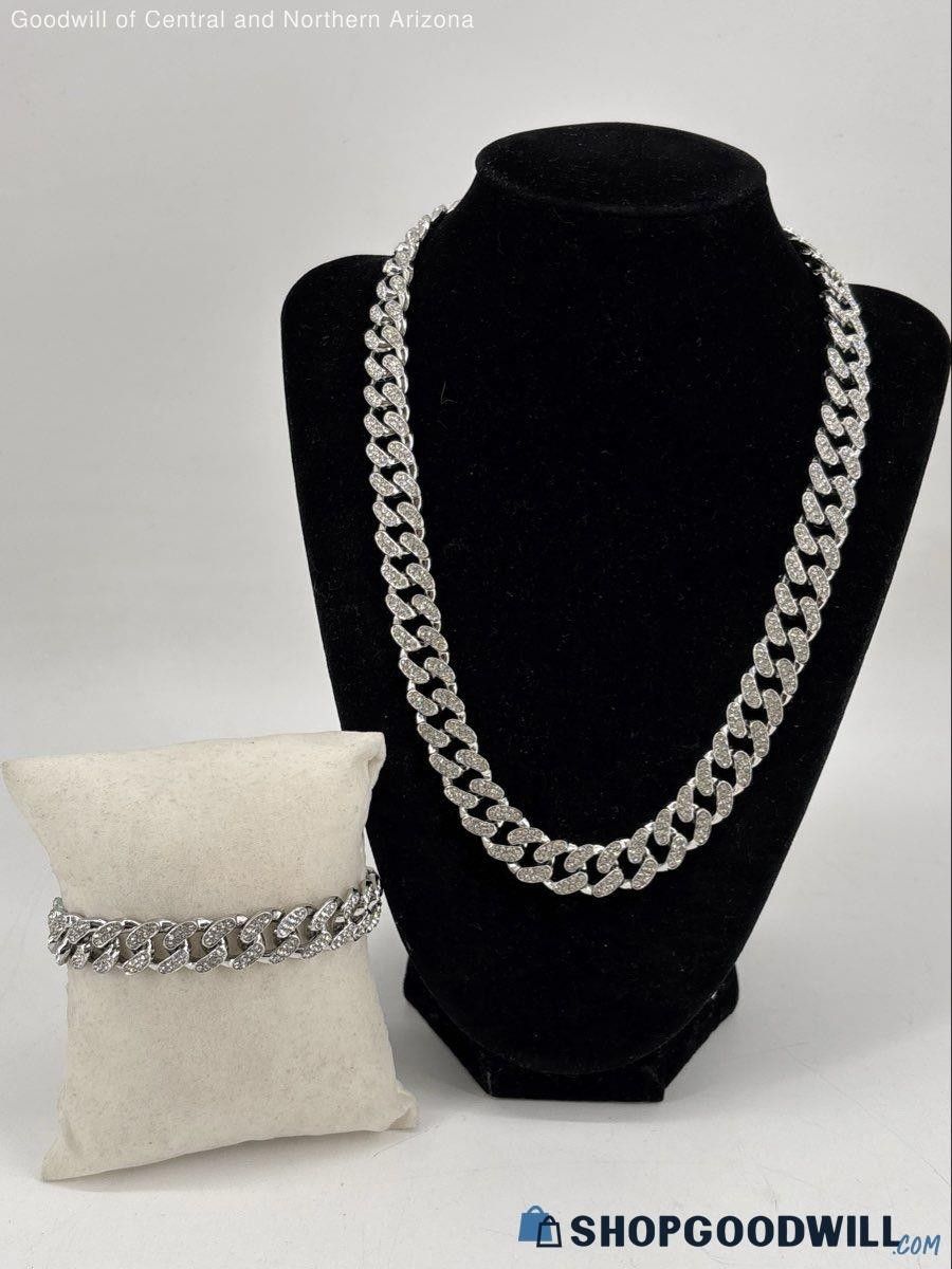 Men's Rhinestone Chain Link Necklace With Bracelet