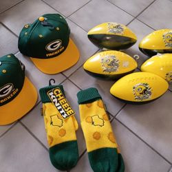 Green Bay Packers Bundle. Youth Size Embroidered Hats. 5 Mini Footballs And 2 Pair Of Youth Miittens