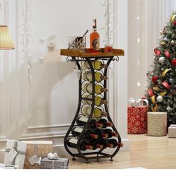 X-cosrack Wine Rack Freestanding Floor, Mini Bar Table Wine Holder Stand Liquor Cabinet with Glass Holder Wood Tabletop 14 Bottles Floor Wine Storage 