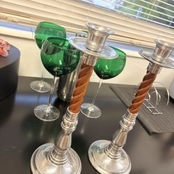 Vintage Silver & Wood Candle Holders – Set of 2