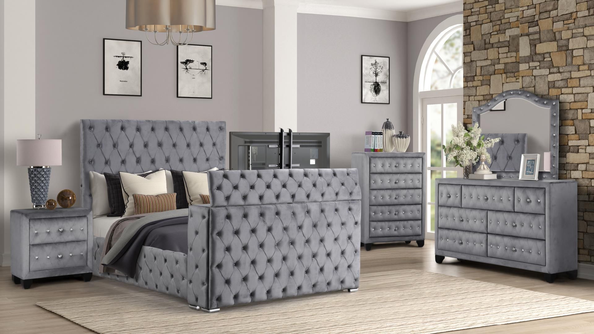 New in box Encore model gray velvet built in TV footboard queen size 5pc bedroom set special