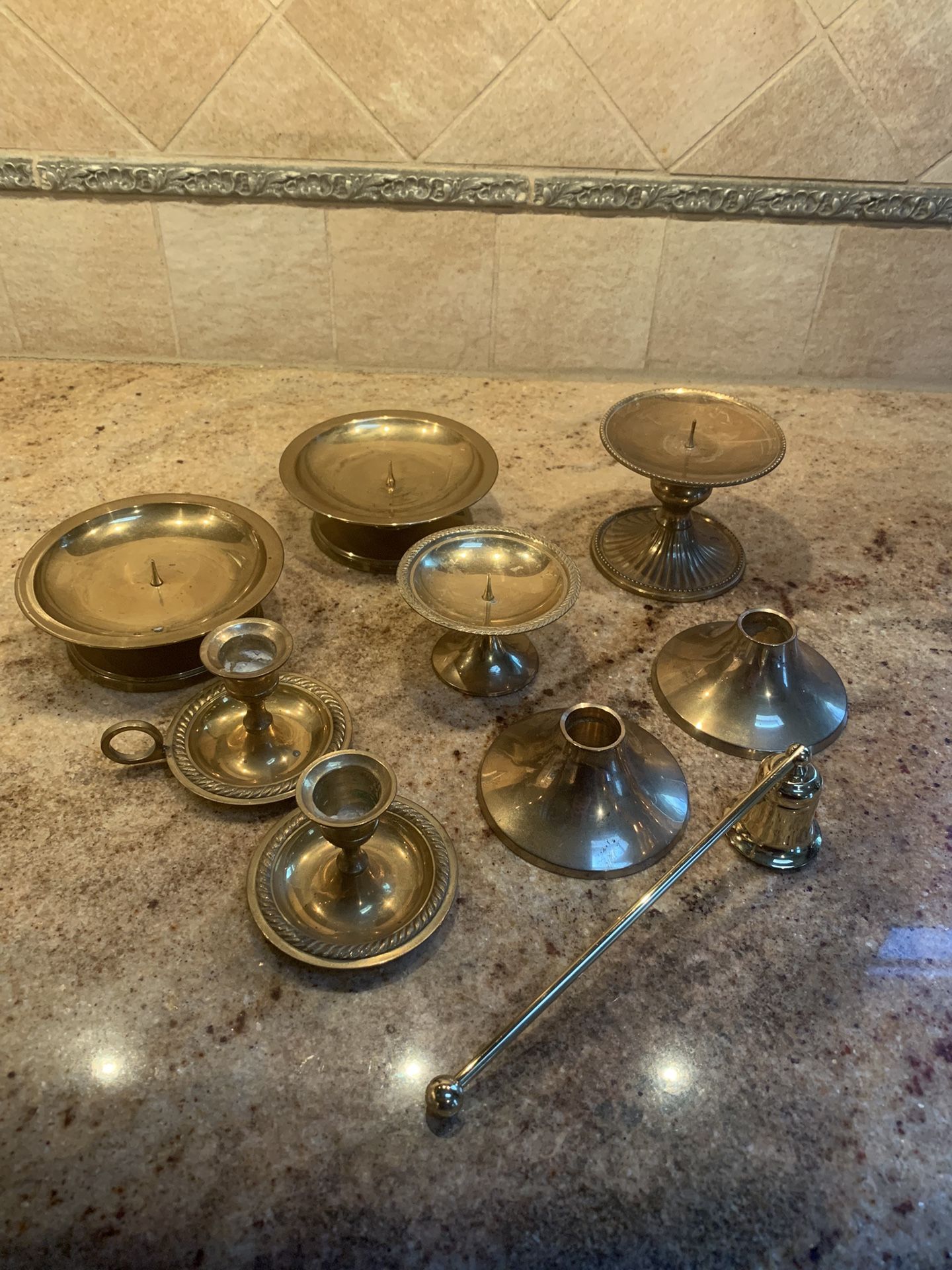 Lot Of 8 Brass Candle Holders And Candle Sniffer