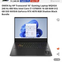 OMEN by HP Transcend 16" Gaming Laptop WQXGA 240 Hz 400 Nits Intel Core i7-13700HX 16 GB RAM 512 GB SSD NVIDIA GeForce RTX 4070 8GB Shadow Black