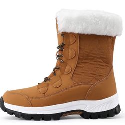 tan winter snow boots with white faux-fur cuffs and thick, non-slip black soles 