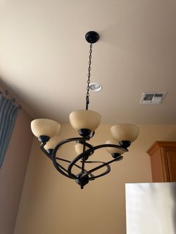 Bronze 5-Light Chandelier with Amber Glass Shades, Swirl Frame, Good