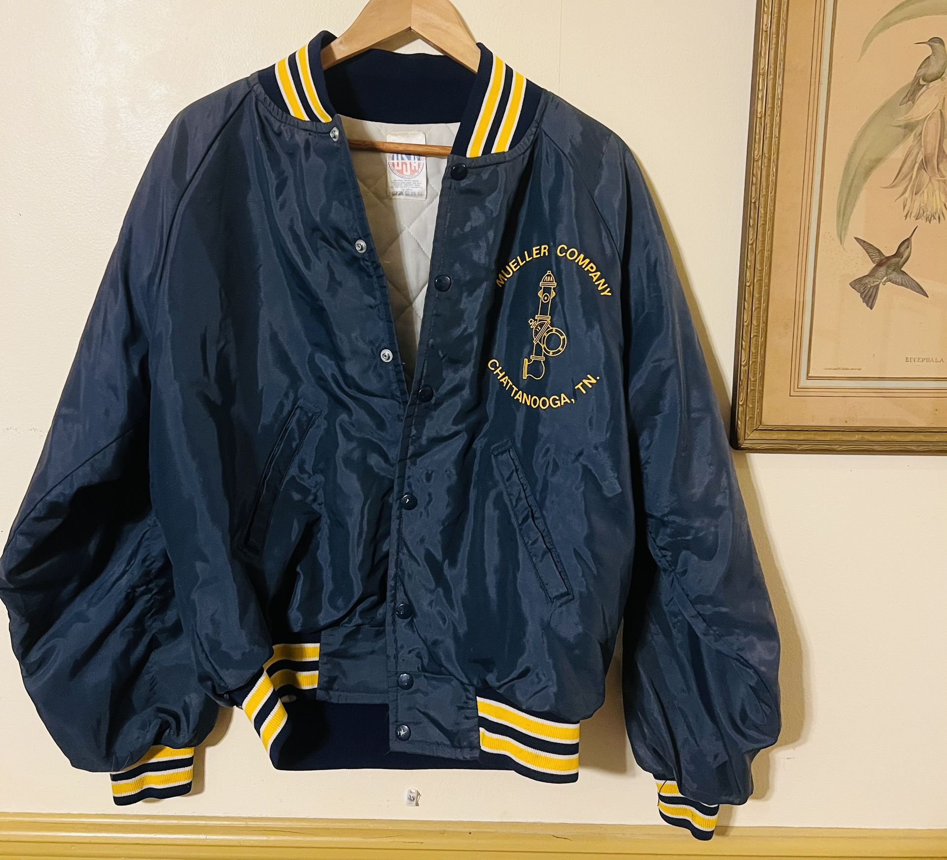 Vintage Mueller Company Navy Blue/ Yellow Satin Varsity Bomber Jacket Size Large