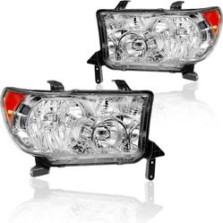 Headlights Assembly for 2007-2013 Toyota Tundra Compatible with 2008-2017 Toyota Sequoia 2PC Headlamps Chrome Housing Amber Reflector