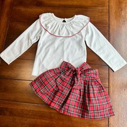 Oaks Apparel Christmas Ruffle Collar Shirt + Red Tartan Skirt | Size 3T