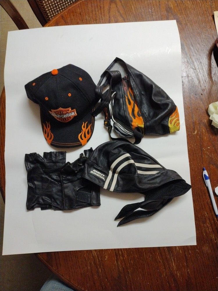 Harley Davidson : Two Durags, Cap And Cut Off Leather Gloves