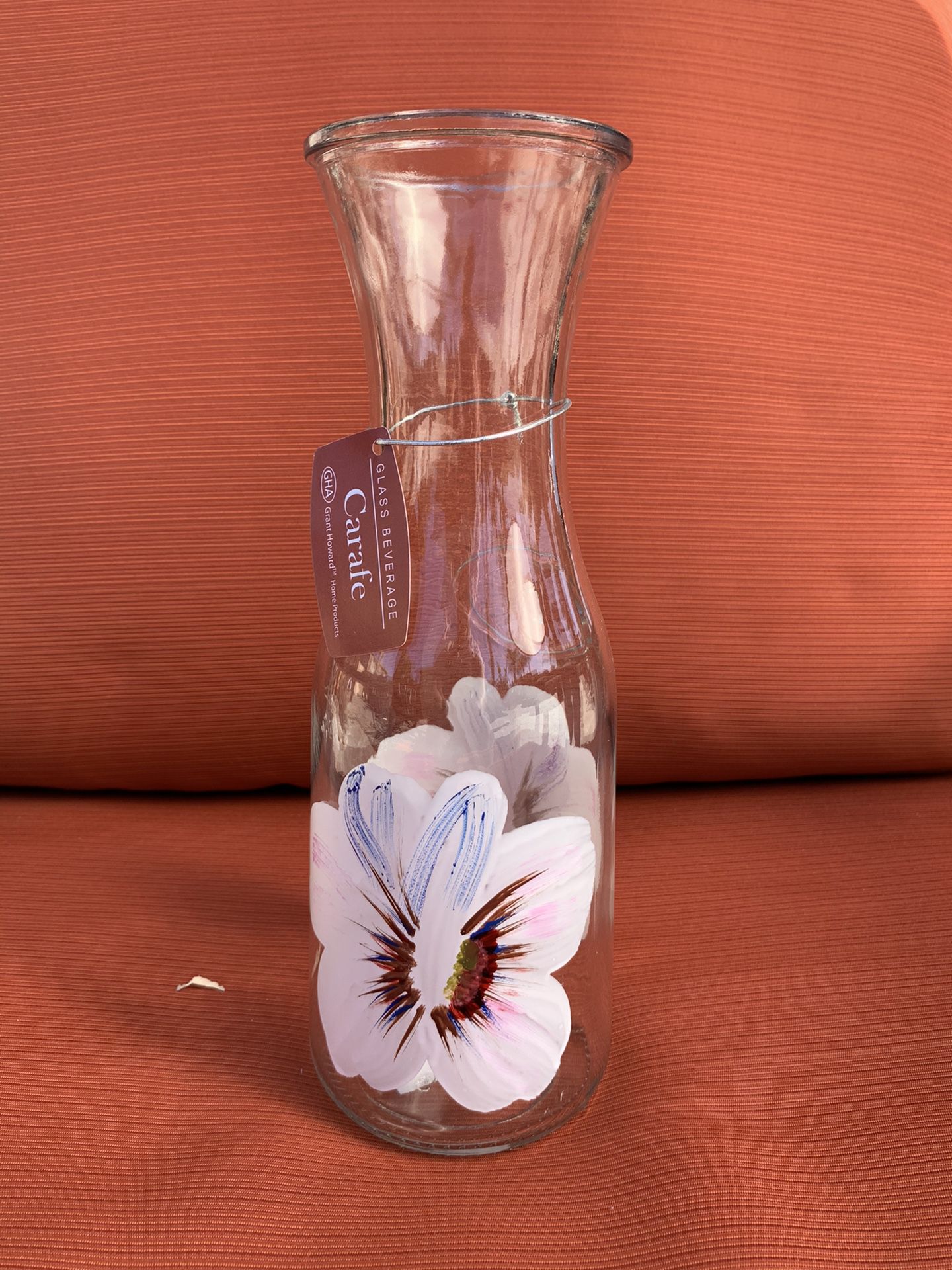 New Grant Howard Glass Pitcher Carafe with White Flower