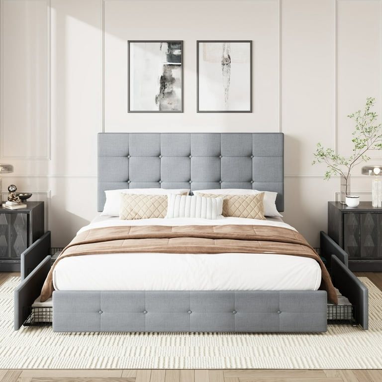 Queen Size Platform Bed Frame with Square-stitched Headboard and 4 Drawers, Light Gray
