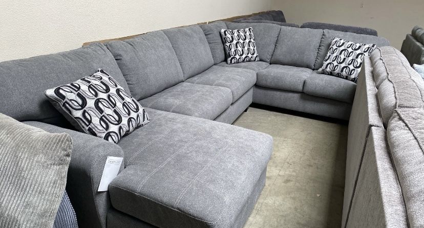 3 piece Gray Sectional Sofa Left facing Chaise 138x90 Top Stitching Accent Pillows $999 (was $1899) 