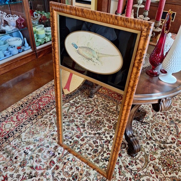 LARGE TRUMEAU MIRROR WITH PHEASANT IN BURL WOOD FRAME