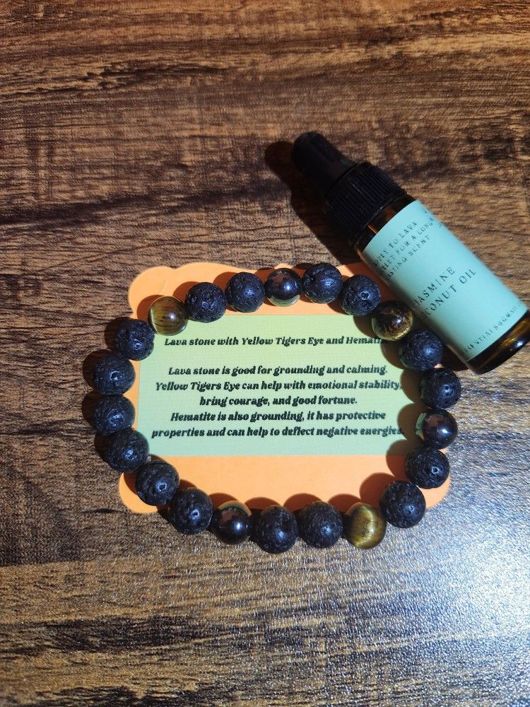 Lava Stone, Tigers Eye, And Hematite Bracelet With Essential Oil Set