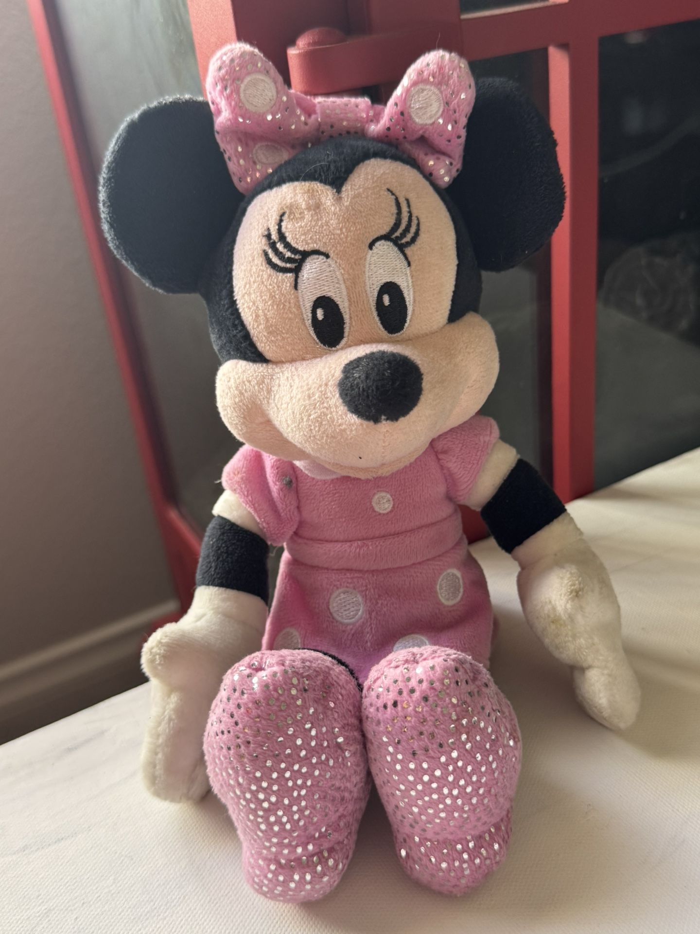 DISNEY MINNIE MOUSE PLUSH Pink Outfit Dress with White Polka Dots Small EUC