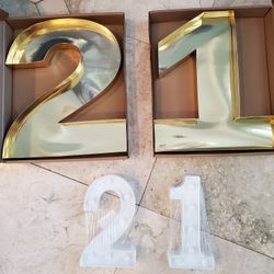 21st birthday decorations! Gold Numbers and number lights!