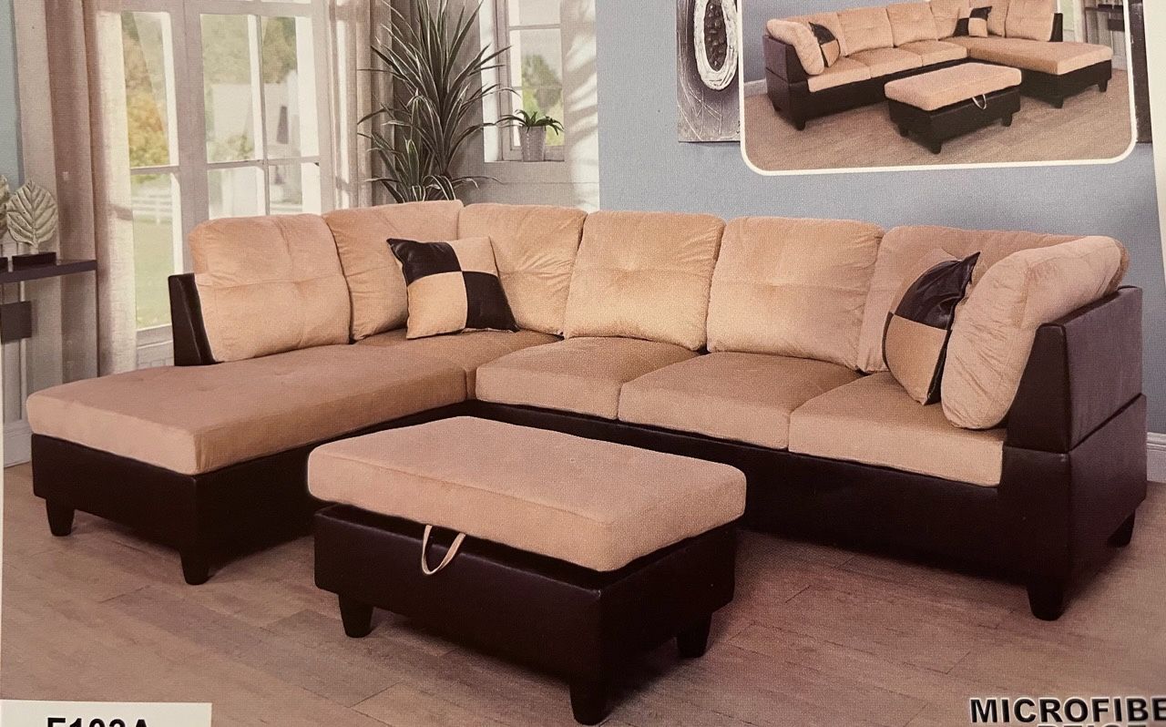 Beige Cream Microfiber Sectional Couch And Ottoman