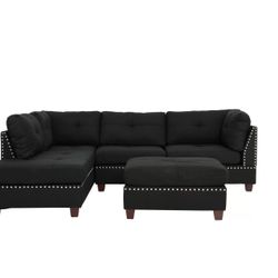 BLACK REVERSIBLE CHAISE SECTIONAL SOFA WITH OTTOMAN 