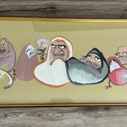 VTG Framed Matsubato Japanese Daruma Dolls Needlepoint Artwork