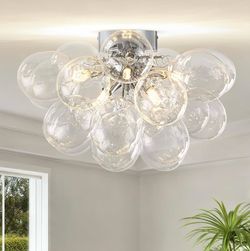 New 15.7”W 8-Light Chrome Flush Mount Light 21 Clear Glass Bubble Ball Chandelier Globe Dimmable G9
