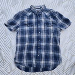 Lucky Brand Men's Handcrafted California Fit Size Large Blue White Black Plaid Button-Up Shirt Retro Y2K