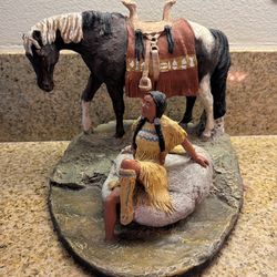 Signed Daniel Monfort Native  American lady Horse Western Sculpture Statue 1985