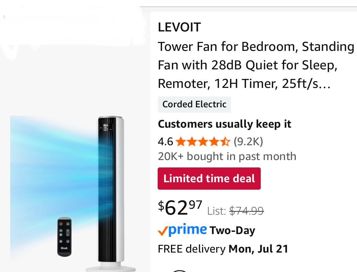 LEVOIT 36” Standing Tower Fan
