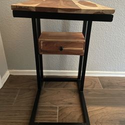 Wooden End Table With Drawer And Metal Sides
