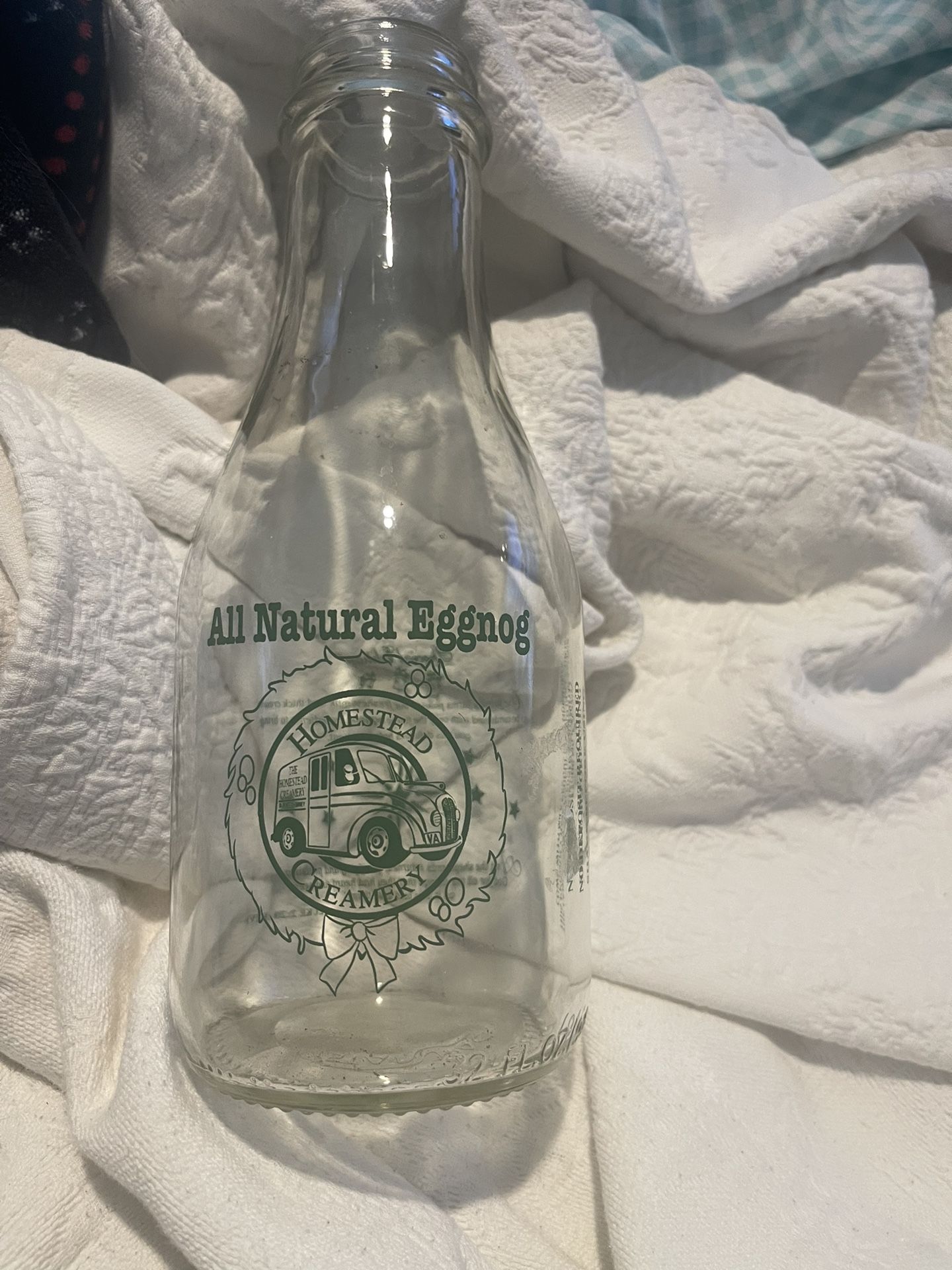Homestead Creamery 32oz Clear Glass With Green Letters Eggnog Bottle