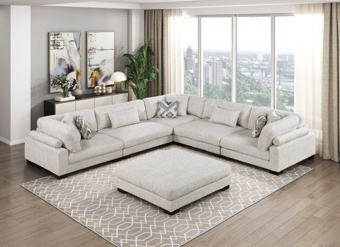 Sectional L Shape W Ottoman Beige Microfiber fabric, New Especial price 