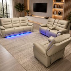 3-Piece Leather Recliner Sofa Set with LED Lighting