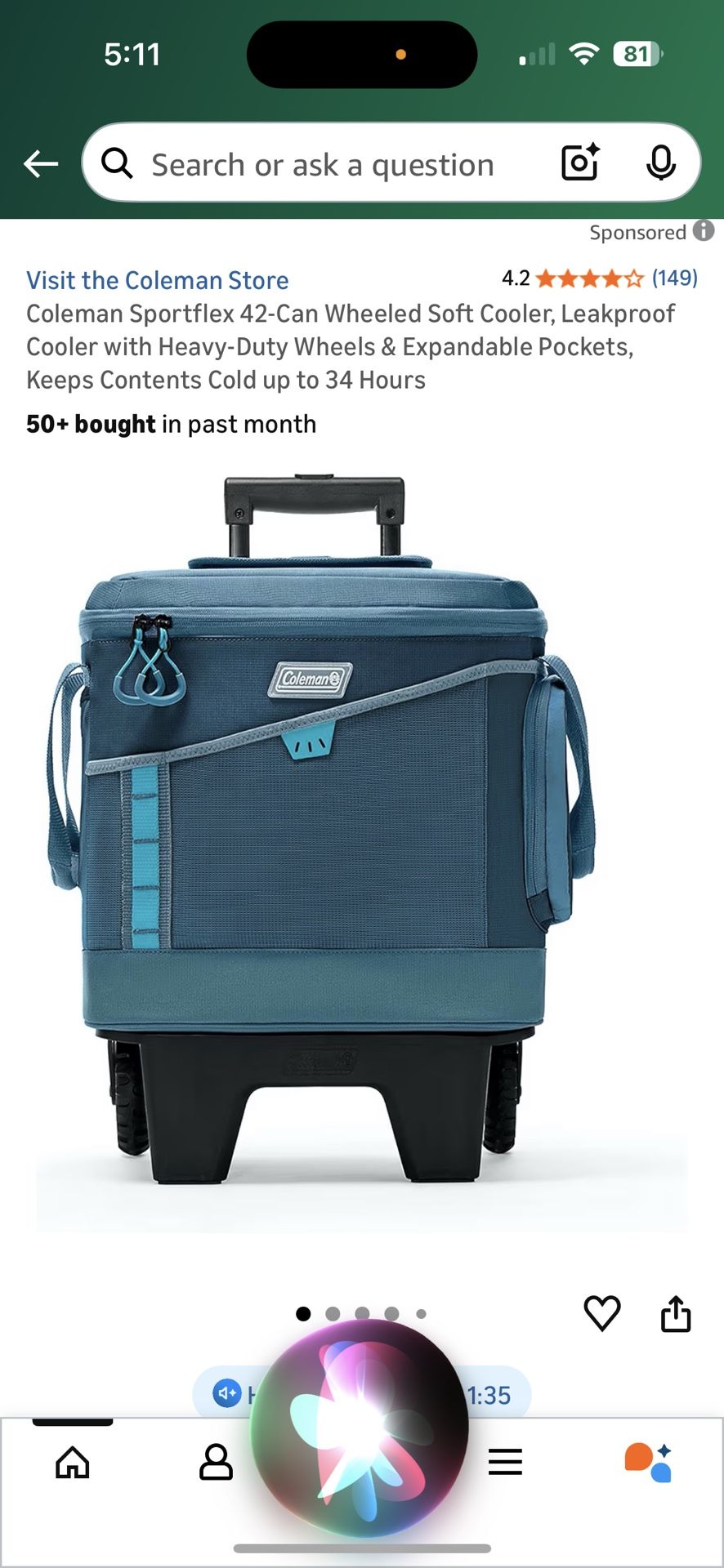 Coleman Sportflex 42-Can Wheeled Soft Cooler, Leakproof Cooler with Heavy-Duty Wheels & Expandable Pockets, Keeps Contents Cold up to 34 Hours