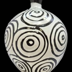Very Unusual Vintage Black & White Glazed Terracotta Swirl Vase