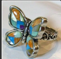 Southwestern "Mariposa" butterfly ring w/ 6+Gemstones 925 Sterling Vintage by Carolyn Pollack