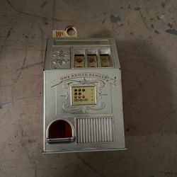Vintage Medley Mfg. “One Armed Banker” 10¢ Toy Slot Machine Bank – USA – Red/Sil