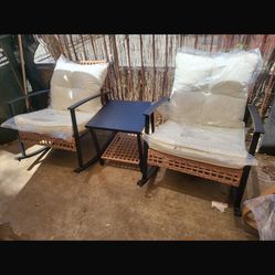 3 Pieces Rocking Wicker Bistro Set, Patio Outdoor Furniture Conversation Sets with Porch Rocker Chairs and Metal Square Coffee Table, Beige Cushions I