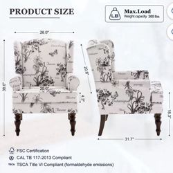 Wingback Accent Chair, Upholstered Mid Century Modern Armchair with Solid Wood Legs, Fabric Linen Leisure Single Sofa Chair for Living Room, Bedroom, 