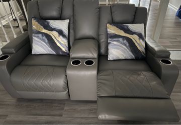 Grey Faux Leather Reclining Sofa with Console