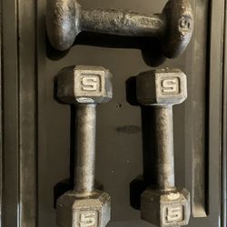 A set of Three Five Pound Dumbbells